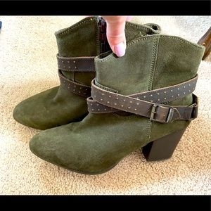 Women’s Diba Army Green Suede with Brown Leather Strap Booties